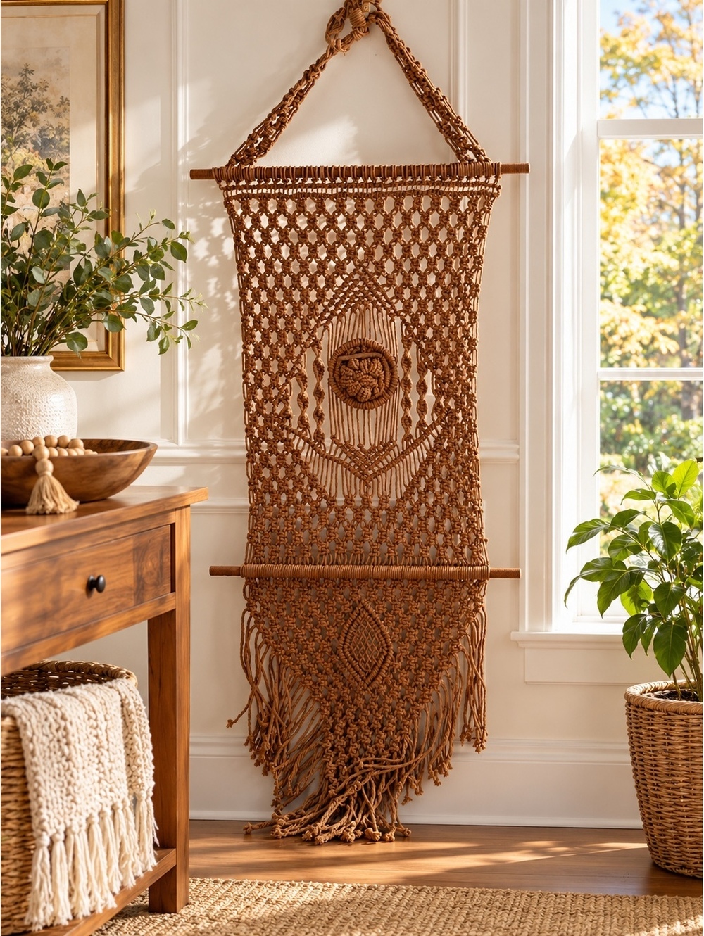 Vintage Macrame Wall Hanging 93" Boho Fiber Art Decor